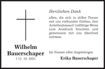 Traueranzeige von Wilhelm Bauerschaper von Hildesheimer Allgemeine Zeitung