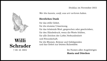 Traueranzeige von Willi Schrader von Hildesheimer Allgemeine Zeitung