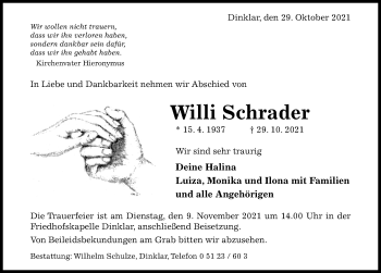 Traueranzeige von Willi Schrader von Hildesheimer Allgemeine Zeitung