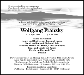 Traueranzeige von Wolfgang Franzky von Hildesheimer Allgemeine Zeitung
