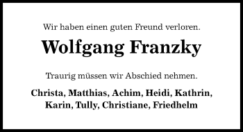 Traueranzeige von Wolfgang Franzky von Hildesheimer Allgemeine Zeitung