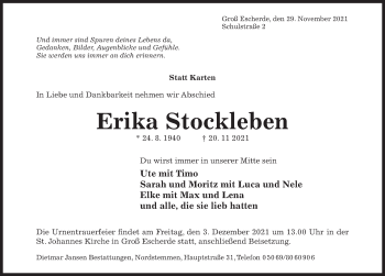 Traueranzeige von Erika Stockleben von Hildesheimer Allgemeine Zeitung