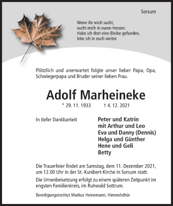 Traueranzeige von Adolf Marheineke von Hildesheimer Allgemeine Zeitung