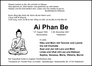 Traueranzeige von Ai Phan Be von Hildesheimer Allgemeine Zeitung