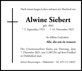 Traueranzeige von Alwine Siebert von Hildesheimer Allgemeine Zeitung