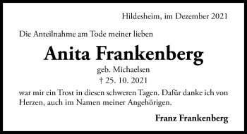 Traueranzeige von Anita Frankenberg von Hildesheimer Allgemeine Zeitung