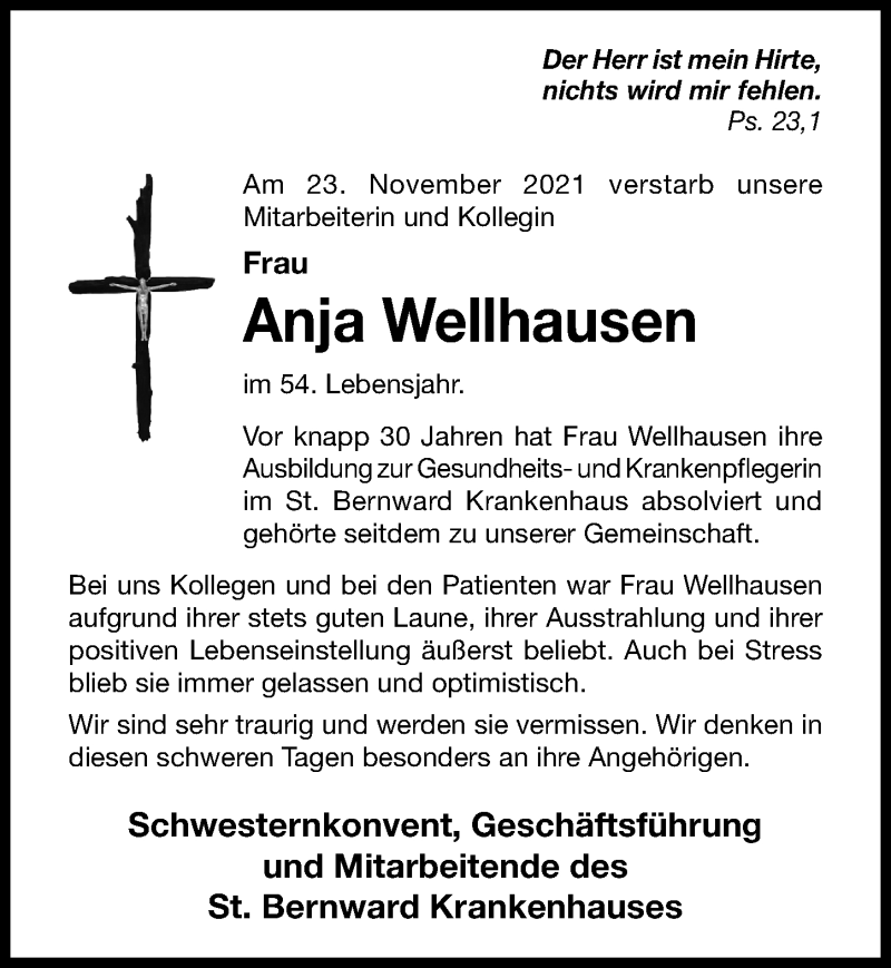  Traueranzeige für Anja Wellhausen vom 27.11.2021 aus Hildesheimer Allgemeine Zeitung