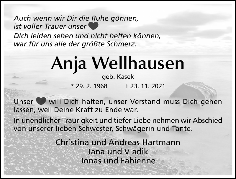  Traueranzeige für Anja Wellhausen vom 27.11.2021 aus Hildesheimer Allgemeine Zeitung