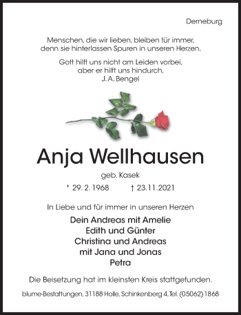 Traueranzeige von Anja Wellhausen von Hildesheimer Allgemeine Zeitung