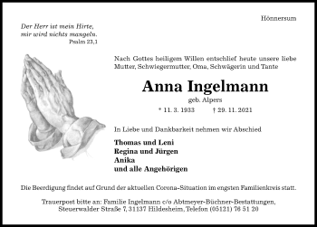 Traueranzeige von Anna Ingelmann von Hildesheimer Allgemeine Zeitung