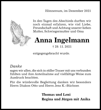 Traueranzeige von Anna Ingelmann von Hildesheimer Allgemeine Zeitung