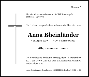 Traueranzeige von Anna Rheinländer von Hildesheimer Allgemeine Zeitung