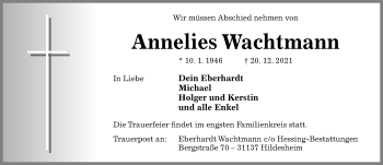 Traueranzeige von Annelies Wachtmann von Hildesheimer Allgemeine Zeitung
