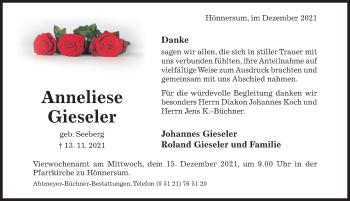 Traueranzeige von Anneliese Gieseler von Hildesheimer Allgemeine Zeitung