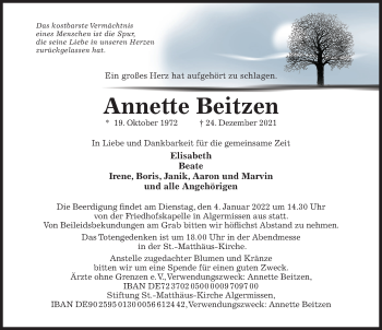 Traueranzeige von Annette Beitzen von Hildesheimer Allgemeine Zeitung