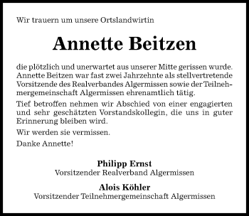 Traueranzeige von Annette Beitzen von Hildesheimer Allgemeine Zeitung