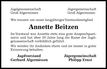 Traueranzeige von Annette Beitzen von Hildesheimer Allgemeine Zeitung