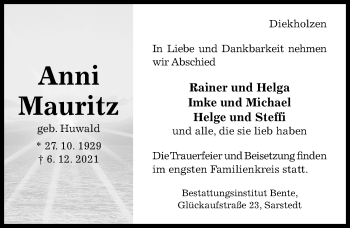 Traueranzeige von Anni Mauritz von Hildesheimer Allgemeine Zeitung