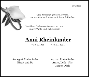 Traueranzeige von Anni Rheinländer von Hildesheimer Allgemeine Zeitung