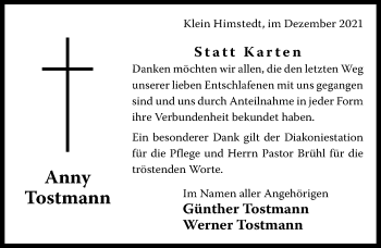 Traueranzeige von Anny Tostmann von Hildesheimer Allgemeine Zeitung