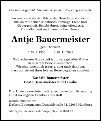 Traueranzeige von Antje Bauermeister von Hildesheimer Allgemeine Zeitung