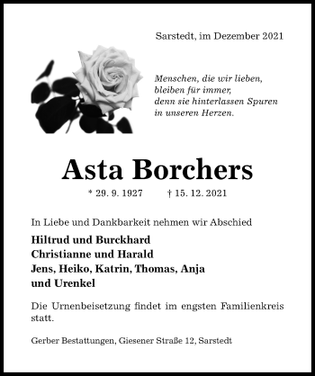Traueranzeige von Asta Borchers von Hildesheimer Allgemeine Zeitung