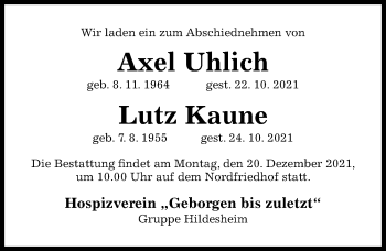 Traueranzeige von Axel Uhlich von Hildesheimer Allgemeine Zeitung