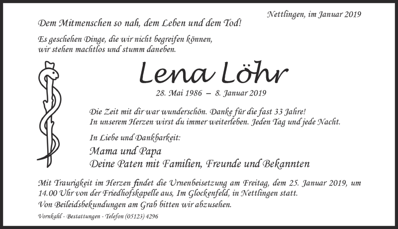  Traueranzeige für Lena Löhr vom 19.01.2019 aus Hildesheimer Allgemeine Zeitung