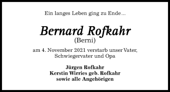 Traueranzeige von Bernard Rofkahr von Hildesheimer Allgemeine Zeitung