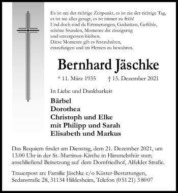 Traueranzeige von Bernhard Jäschke von Hildesheimer Allgemeine Zeitung