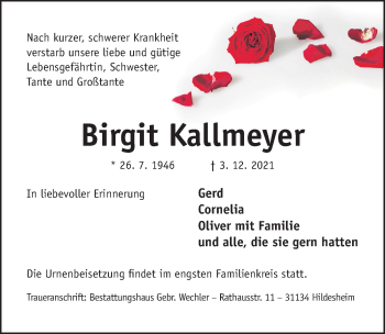 Traueranzeige von Birgit Kallmeyer von Hildesheimer Allgemeine Zeitung