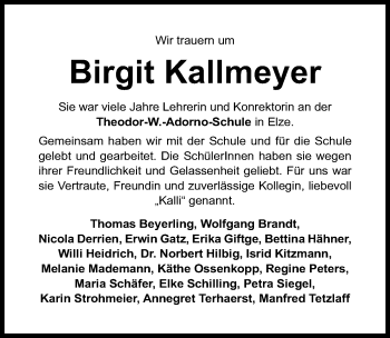 Traueranzeige von Birgit Kallmeyer von Hildesheimer Allgemeine Zeitung