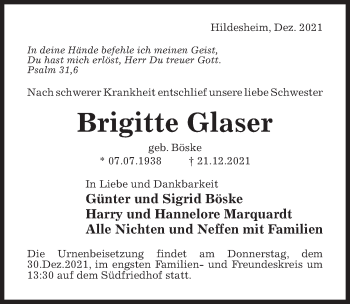 Traueranzeige von Brigitte Glaser von Hildesheimer Allgemeine Zeitung