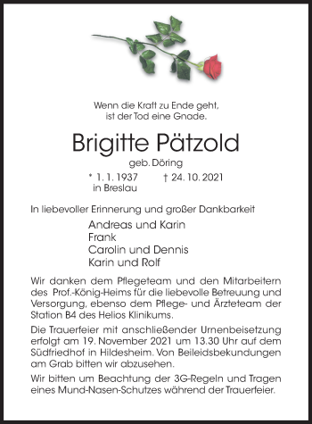 Traueranzeige von Brigitte Pätzold von Hildesheimer Allgemeine Zeitung
