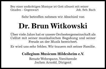 Traueranzeige von Brun Witkowski von Hildesheimer Allgemeine Zeitung
