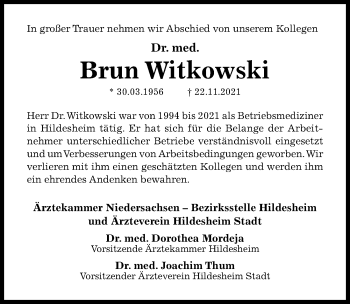 Traueranzeige von Brun Witkowski von Hildesheimer Allgemeine Zeitung
