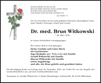 Traueranzeige von Brun Witkowski von Hildesheimer Allgemeine Zeitung