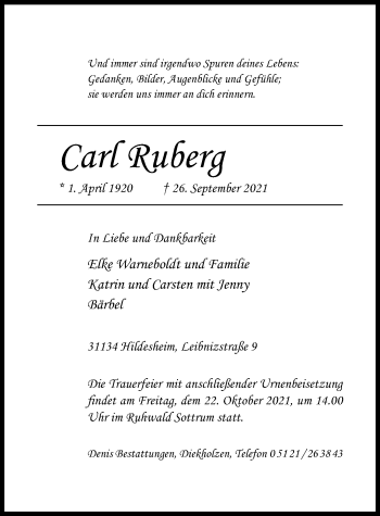 Traueranzeige von Carl Ruberg von Hildesheimer Allgemeine Zeitung