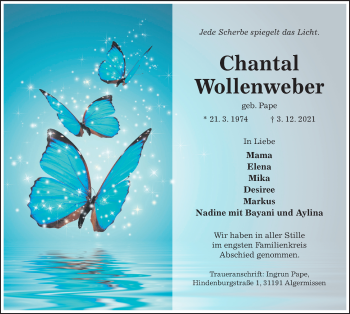 Traueranzeige von Chantal Wollenweber von Hildesheimer Allgemeine Zeitung