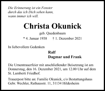 Traueranzeige von Christa Okunick von Hildesheimer Allgemeine Zeitung