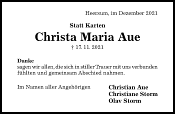 Traueranzeige von Christa Maria Aue von Hildesheimer Allgemeine Zeitung