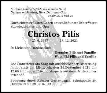 Traueranzeige von Christos Pilis von Hildesheimer Allgemeine Zeitung