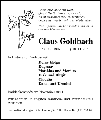 Traueranzeige von Claus Goldbach von Hildesheimer Allgemeine Zeitung