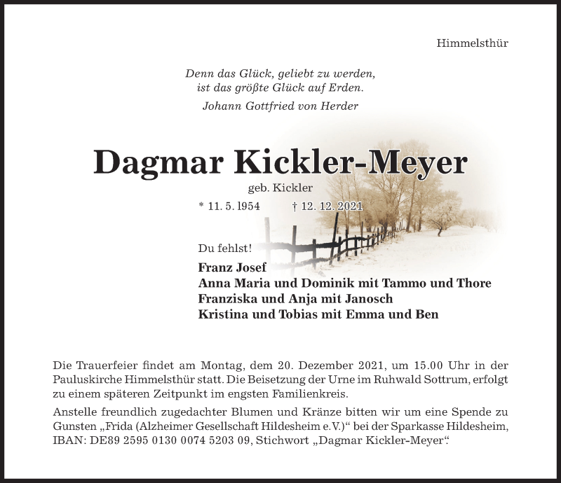  Traueranzeige für Dagmar Kickler-Meyer vom 15.12.2021 aus Hildesheimer Allgemeine Zeitung