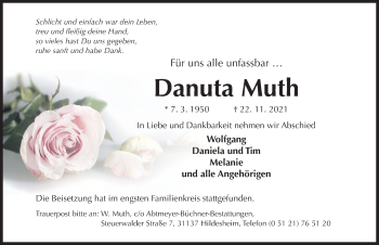Traueranzeige von Danuta Muth von Hildesheimer Allgemeine Zeitung