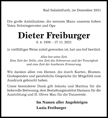 Traueranzeige von Dieter Freiburger von Hildesheimer Allgemeine Zeitung