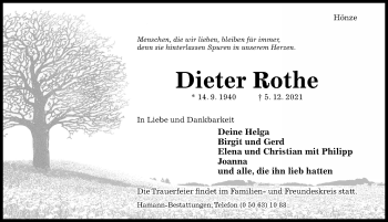 Traueranzeige von Dieter Rothe von Hildesheimer Allgemeine Zeitung