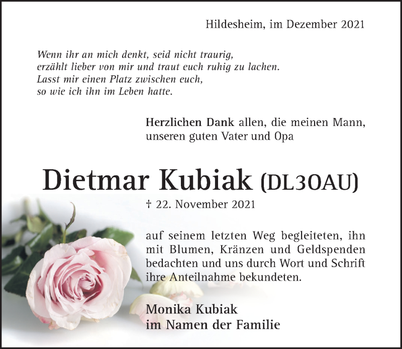  Traueranzeige für Dietmar Kubiak vom 22.12.2021 aus Hildesheimer Allgemeine Zeitung
