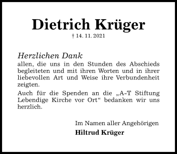 Traueranzeige von Dietrich Krüger von Hildesheimer Allgemeine Zeitung