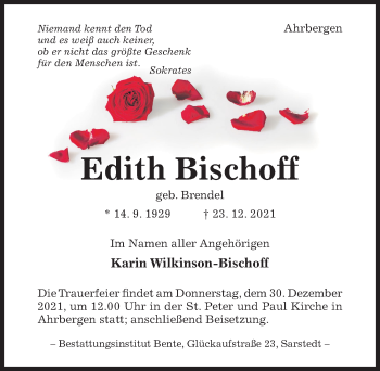 Traueranzeige von Edith Bischoff von Hildesheimer Allgemeine Zeitung
